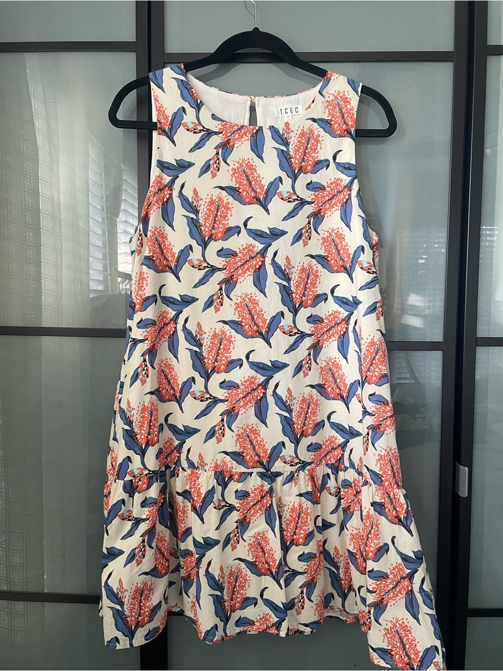TCEC Cream Mini Dress with Coral Floral and Blue Leaf Print